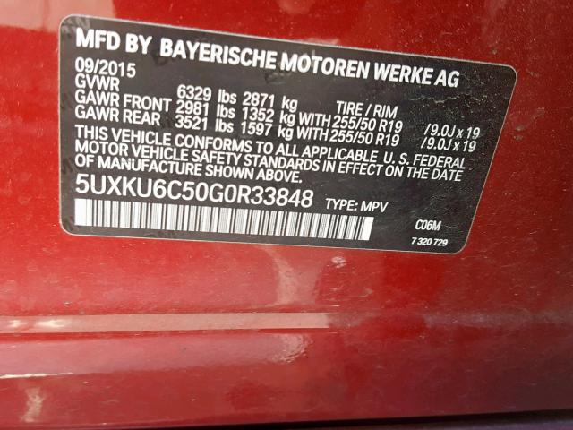 5UXKU6C50G0R33848 - 2016 BMW X6 XDRIVE5 RED photo 10