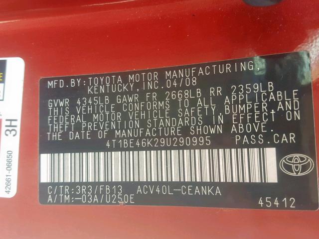 4T1BE46K29U290995 - 2009 TOYOTA CAMRY BASE RED photo 10