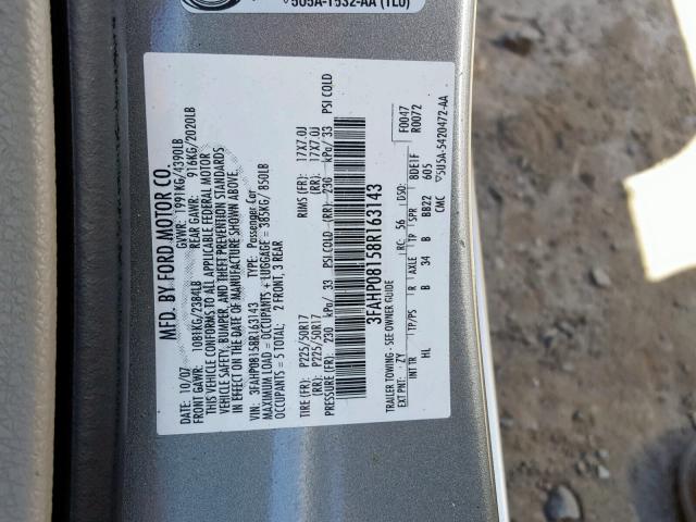 3FAHP08158R163143 - 2008 FORD FUSION SEL SILVER photo 10