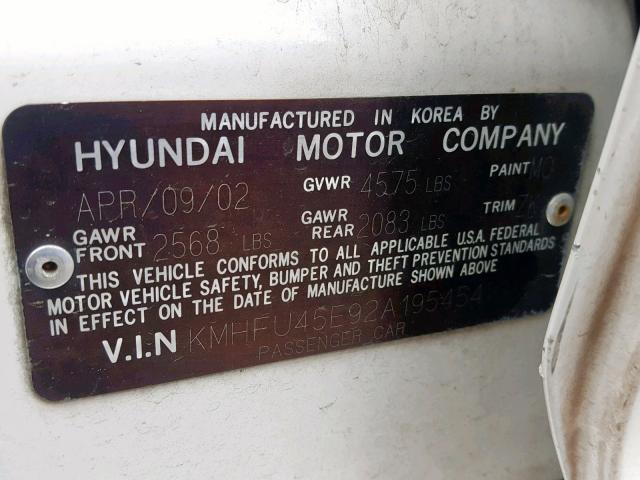 KMHFU45E92A195454 - 2002 HYUNDAI XG 350 WHITE photo 10