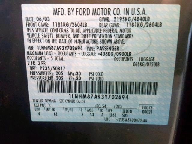 1LNHM87A93Y702694 - 2003 LINCOLN LS ნაცრისფერი ფოტო 10