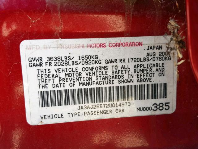 JA3AJ26E72U014973 - 2002 MITSUBISHI LANCER ES RED photo 10