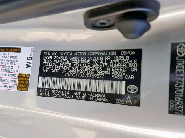 JTKDE177370169377 - 2007 TOYOTA SCION TC 银色 照片 10