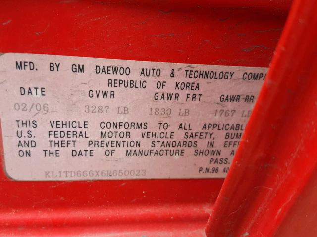 KL1TD666X6B650023 - 2006 CHEVROLET AVEO BASE Qırmızı foto 10