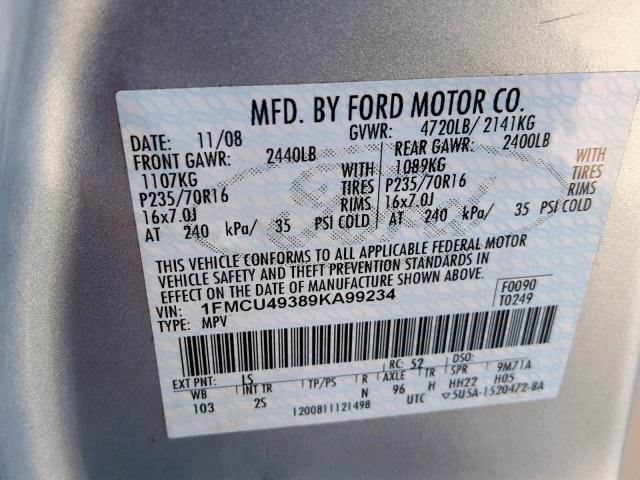 1FMCU49389KA99234 - 2009 FORD ESCAPE HYB BLUE photo 10