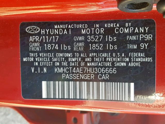 KMHCT4AE7HU306666 - 2017 HYUNDAI ACCENT SE RED photo 10