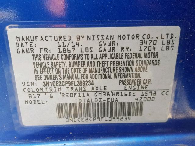 3N1CE2CP9FL399234 - 2015 NISSAN VERSA NOTE BLUE photo 10