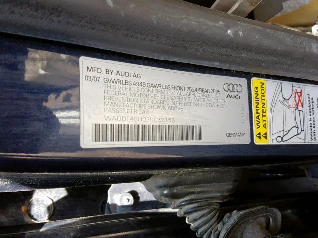 WAUDF48H07K032153 - 2007 AUDI A4 2.0T CA BLUE photo 10