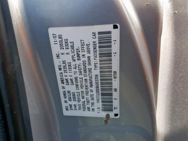 1HGCS22828A003706 - 2008 HONDA ACCORD EXL SILVER photo 10