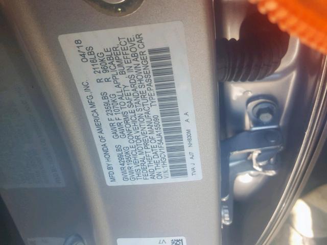 1HGCV1F54JA155090 - 2018 HONDA ACCORD EXL SILVER photo 10