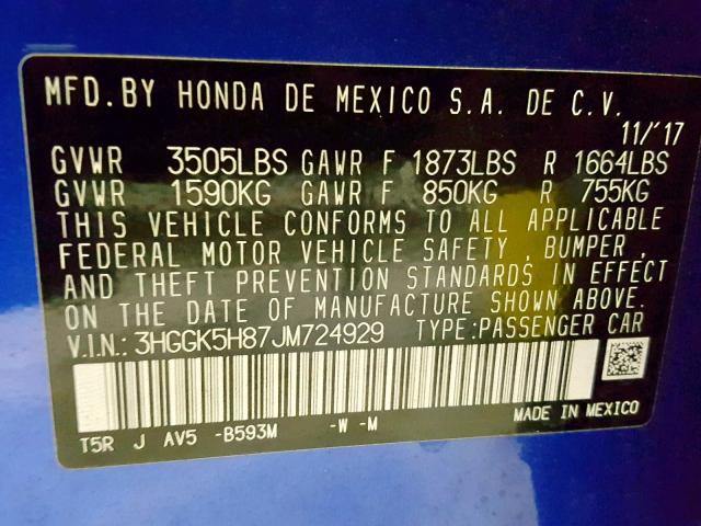 3HGGK5H87JM724929 - 2018 HONDA FIT EX BLUE photo 10