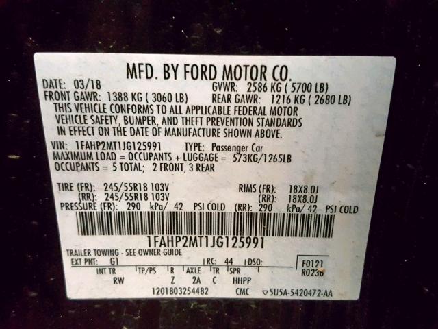 1FAHP2MT1JG125991 - 2018 FORD TAURUS POL BLACK photo 10