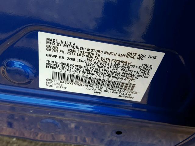 4A4AR3AW2FE049218 - 2015 MITSUBISHI OUTLANDER BLUE photo 10