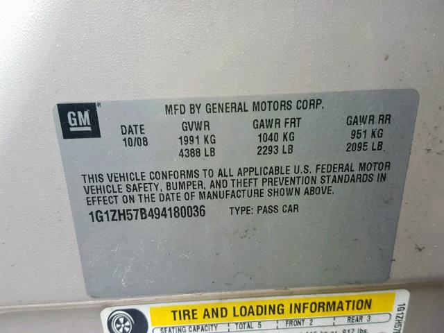 1G1ZH57B494180036 - 2009 CHEVROLET MALIBU 1LT GOLD photo 10