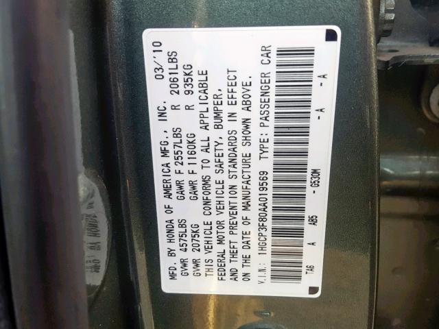 1HGCP3F80AA019569 - 2010 HONDA ACCORD EXL GREEN photo 10