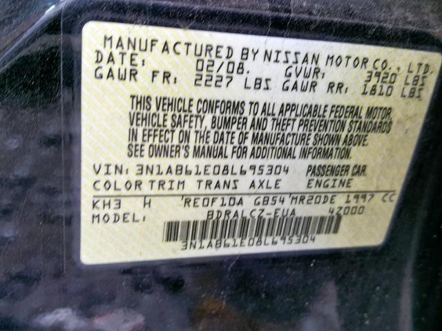 3N1AB61E08L695304 - 2008 NISSAN SENTRA 2.0 BLACK photo 10