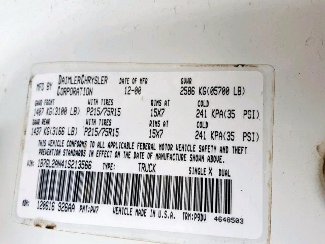 1B7GL2AN41S213566 - 2001 DODGE DAKOTA QUA WHITE photo 10