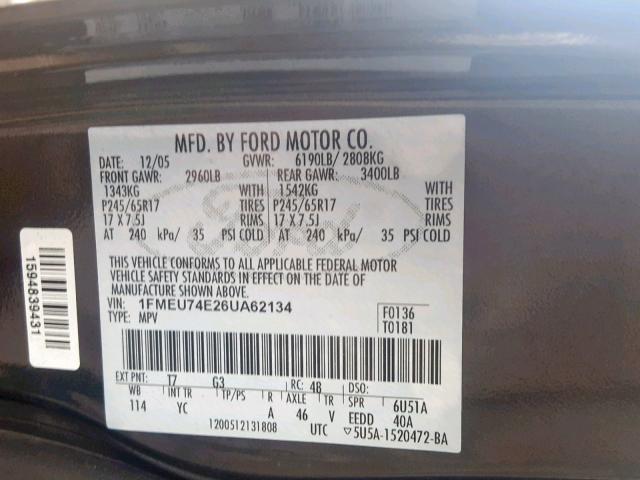 1FMEU74E26UA62134 - 2006 FORD EXPLORER E BLACK photo 10