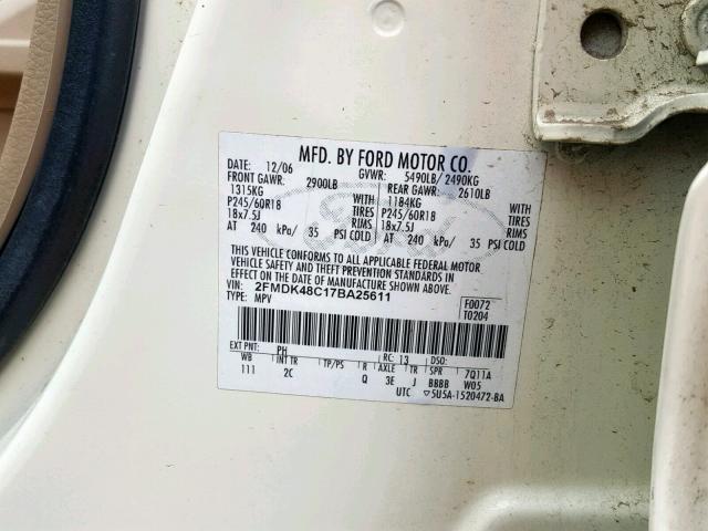 2FMDK48C17BA25611 - 2007 FORD EDGE SEL WHITE photo 10