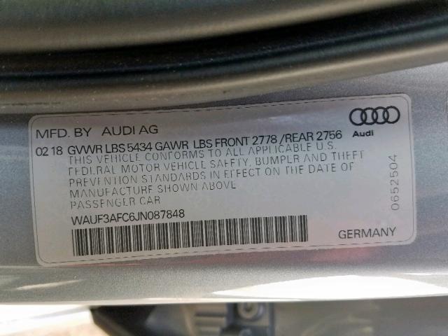 WAUF3AFC6JN087848 - 2018 AUDI A6 PREMIUM SILVER photo 10