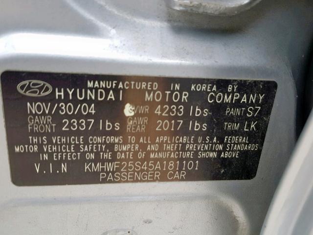 KMHWF25S45A181101 - 2005 HYUNDAI SONATA GL SILVER photo 10