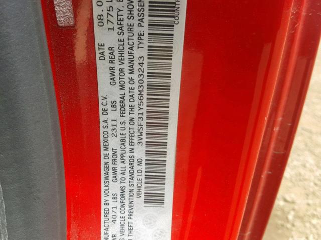 3VWSF31Y56M303243 - 2006 VOLKSWAGEN NEW BEETLE წითელი ფოტო 10