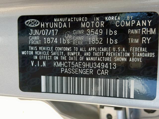 KMHCT5AE9HU349413 - 2017 HYUNDAI ACCENT SE SILVER photo 10