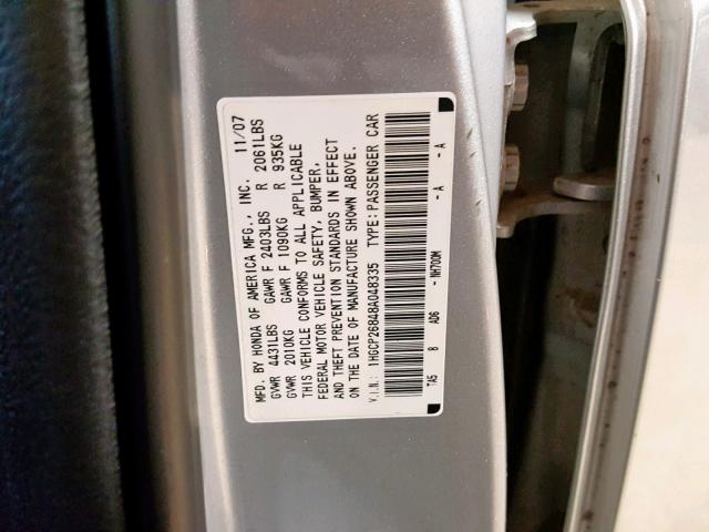 1HGCP26848A048335 - 2008 HONDA ACCORD EXL SILVER photo 10