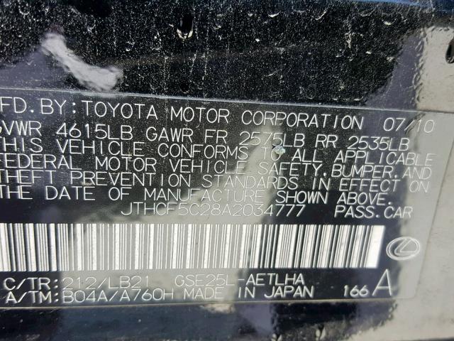 JTHCF5C28A2034777 - 2010 LEXUS IS 250 BLACK photo 10