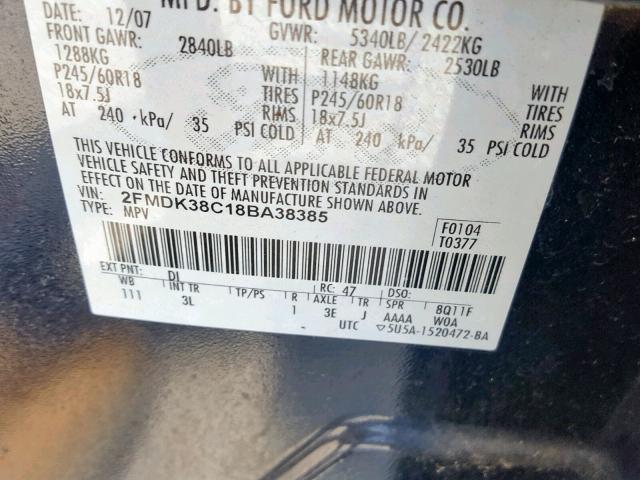 2FMDK38C18BA38385 - 2008 FORD EDGE SEL BLACK photo 10