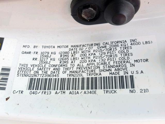 5TENX22N77Z396945 - 2007 TOYOTA TACOMA WHITE photo 10