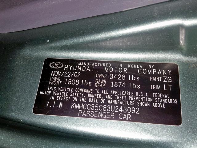 KMHCG35C83U243092 - 2003 HYUNDAI ACCENT GL GRAY photo 10