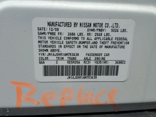 JN1AJ0HR1AM753439 - 2010 INFINITI EX35 BASE WHITE photo 10