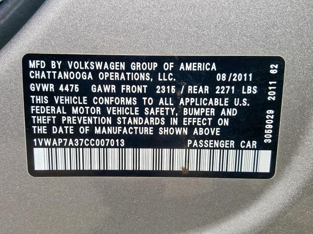 1VWAP7A37CC007013 - 2012 VOLKSWAGEN PASSAT S GRAY photo 10