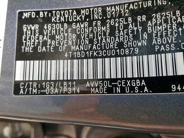 4T1BD1FK3CU010879 - 2012 TOYOTA CAMRY HYBR GRAY photo 10