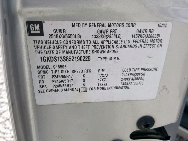 1GKDS13S852190225 - 2005 GMC ENVOY SILVER photo 10