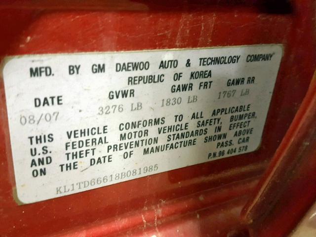 KL1TD66618B081985 - 2008 CHEVROLET AVEO BASE Қызыл фото 10