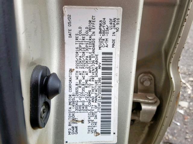 JTEHF21A720081386 - 2002 TOYOTA HIGHLANDER TAN photo 10