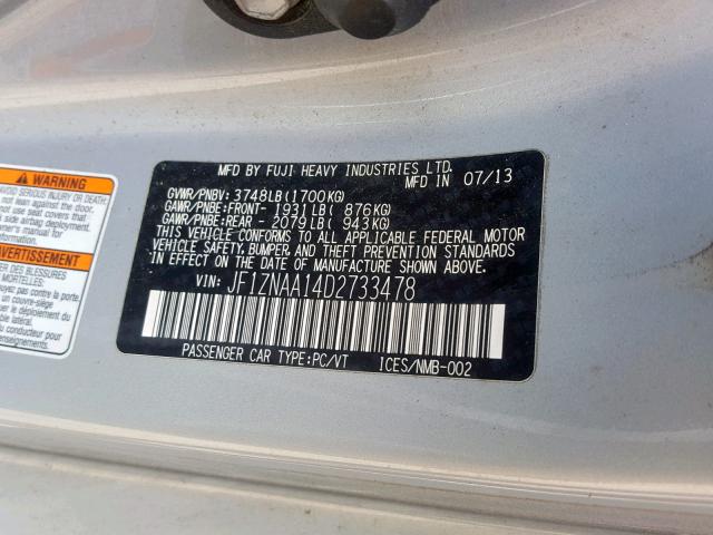 JF1ZNAA14D2733478 - 2013 TOYOTA SCION FR-S SILVER photo 10