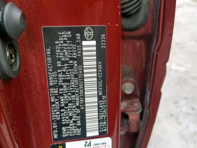 4T1BF30K96U115400 - 2006 TOYOTA CAMRY LE მუქწითელი ფოტო 10