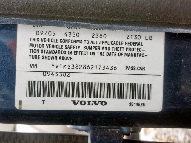 YV1MS382862173436 - 2006 VOLVO S40 2.4I BLUE photo 10