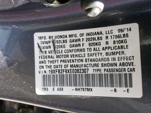 19XFB2F9XEE082307 - 2014 HONDA CIVIC EXL 石墨色 照片 10