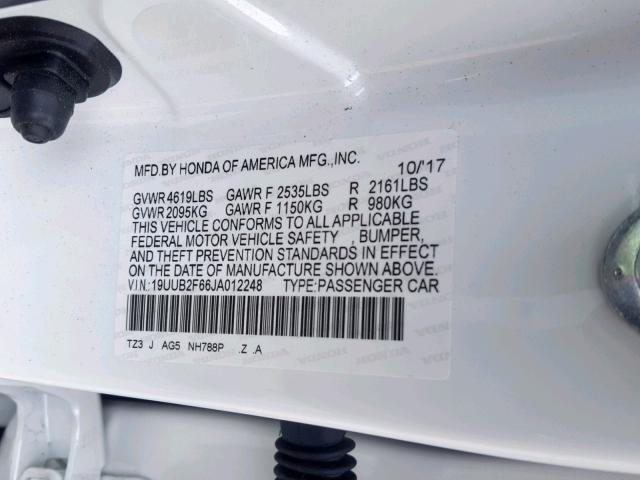 19UUB2F66JA012248 - 2018 ACURA TLX TECH+A WHITE photo 10