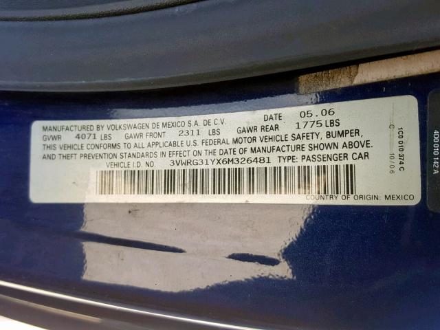 3VWRG31YX6M326481 - 2006 VOLKSWAGEN NEW BEETLE Mavi foto 10