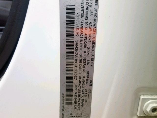 3VW2K7AJ8BM112027 - 2011 VOLKSWAGEN JETTA BASE 白色 照片 10