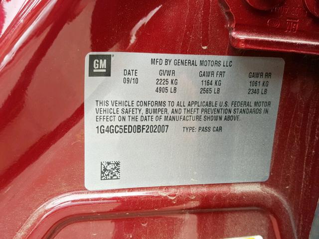 1G4GC5ED0BF202007 - 2011 BUICK LACROSSE C RED photo 10