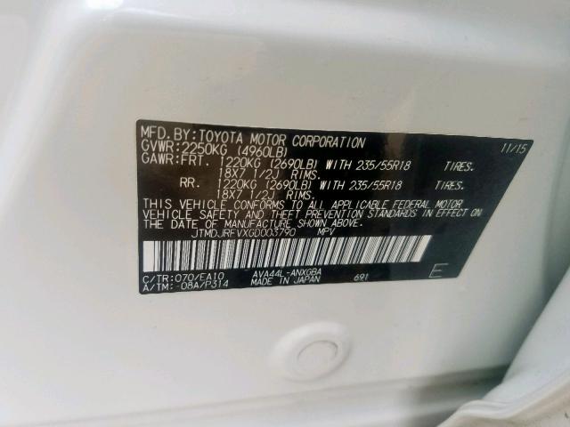 JTMDJREVXGD003790 - 2016 TOYOTA RAV4 HV LI WHITE photo 10