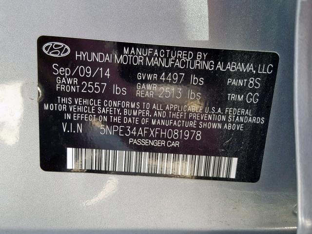 5NPE34AFXFH081978 - 2015 HYUNDAI SONATA SPO SILVER photo 10