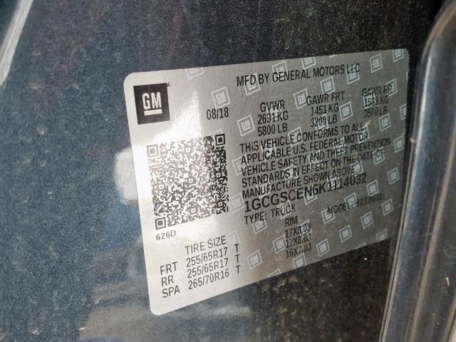 1GCGSCEN6K1114032 - 2019 CHEVROLET COLORADO L GRAY photo 10