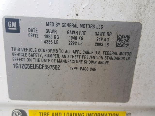 1G1ZC5EU5CF397562 - 2012 CHEVROLET MALIBU 1LT WHITE photo 10